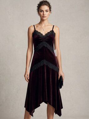 Siena Black Velvet & Lace Trim Slip Maxi Dress Size 6 NWT